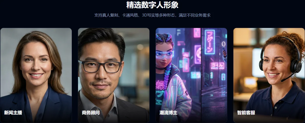 Yeoso Agent公开页面的四类数字人形象展示